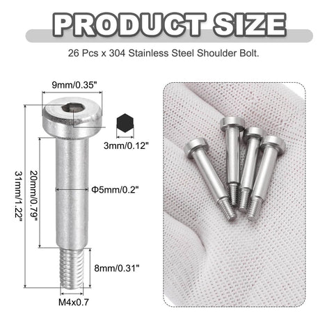 26 Piece 304 Stainless Steel Shoulder Bolt Set, 5mm Shoulder Diameter, 20mm Shoulder Length, detailed size diagram and bolts on fabric