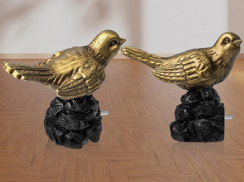 Bird Shaped Curtain Rod Finials Gold Finish Metal Ends For Curtain Rods Easy To Install Set Of 2 Durable Rust Resistant Decor For Windows Or Bedroom Adds Elegant Bird Charm To Your Space. gold metal bird finials set of 2, side view