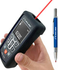 165 Ft Laser Distance Meter With Ocean Blue Finish, Ultra Fast Measurements For Home Projects, Area, Volume And Height, Includes Protective Cover And Carpenter Pencil For Handy DIY Tasks. hand-held black laser distance meter with blue carpenter pencil