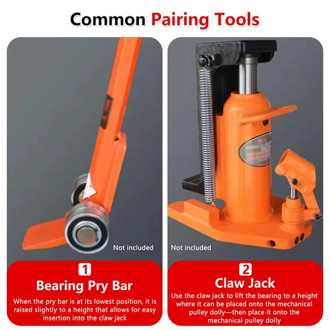 Image of Bearing Pry Bar and Claw Jack tools in orange, used for lifting and moving heavy equipment during relocation.