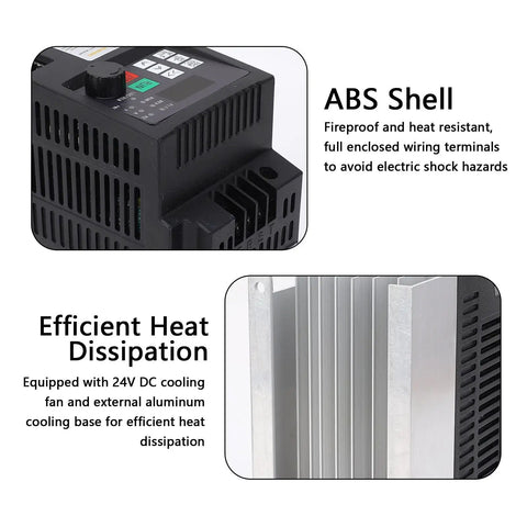 1.5KW VFD Variable Frequency Drive for CNC Spindle Motor with ABS shell, displays cooling fan and aluminum heat sink for efficient cooling