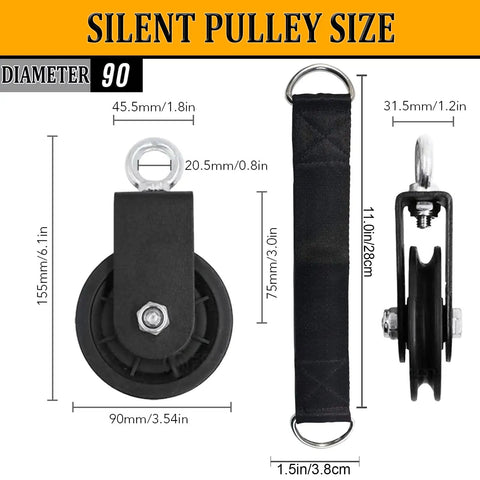 Silent Cable Pulley System With Detachable Rotation Wheel LAT Traction Block For DIY Home Lifts, Clothesline And Shop Hoists, 3.54 in wheel with black strap
