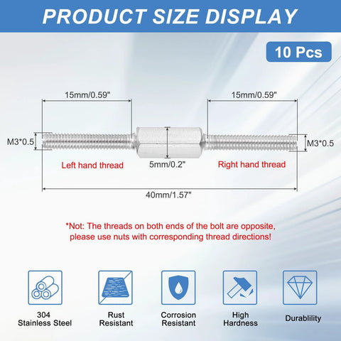 PATIKIL M3x40mm double-ended threaded stud, 10 pcs, 304 stainless steel; left & right hand threads for furniture