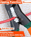 Close-up of 4 In 1 Electricians Pliers With Wire Cutter Crimper Gripper And Stripper 7 Inch Compact Pliers stripping red wire