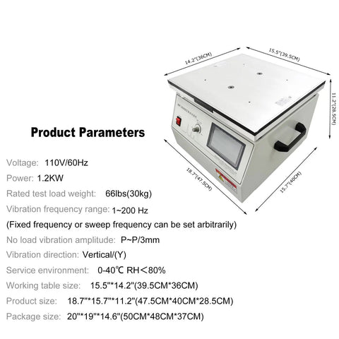 Pro Grade Vertical And Horizontal Vibration Test Bench 0-200Hz Adjustable Frequency 1200W 110V With Digital Control, Random Vibration Simulation, Auto Save Settings, Durable Lab Tester, white metal bench 18.7x15.7x11.2 in