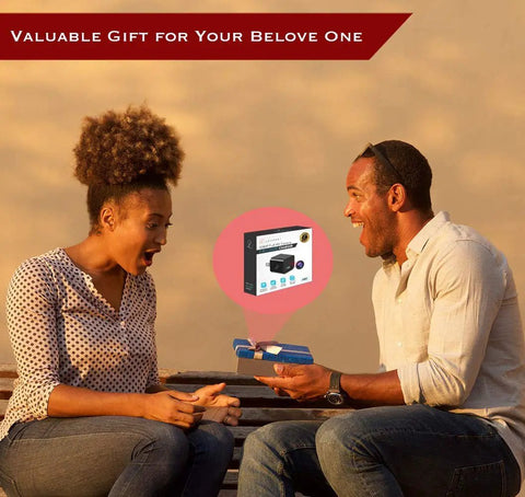 A couple exchanging a gift box containing a Hidden Spy Camera Nanny Cam With 1080P Full HD Video And Advanced Motion Detection.