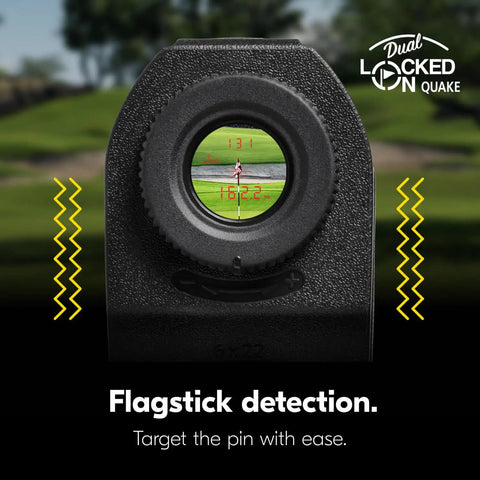 CoolShot 50i GII Golf Laser Rangefinder With Rainproof 6X Monocular Optics, Dual Locked On Quake Flagstick Detection, Continuous Scan, Magnetic Mount, Slope Adjusted Distances And Actual Distance Modes showing flagstick view