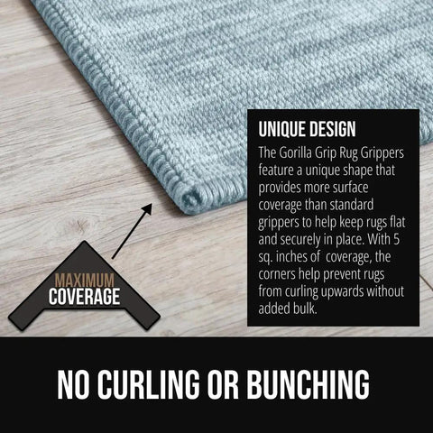 Extra Wide Dual Sided Rug Gripper Pads for Hardwood Floors shown under grey rug on wood floor, highlighting no curl design.