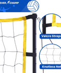 Close-up of Regulation 32X3 Foot Outdoor Volleyball Net Set With Poles showing velcro straps and knotless net design.