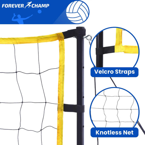 Close-up of Regulation 32X3 Foot Outdoor Volleyball Net Set With Poles showing velcro straps and knotless net design.
