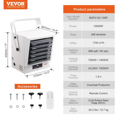Beast 10000W Digital Garage Heater With Remote Control, Wall Or Ceiling Mount, Overheat Protection, 9 Hour Timer, ETL Listed