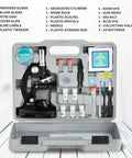 Sweet Kids STEM Science Starter Pack Featuring Monocular Compound Microscope With Heavy Duty Black Metal Arm Fossil Dig Kit Ten Ready Prepared Slides Plus Bonus Pocket Magnifier For Backyard Adventures And Classroom Fun in organized case.