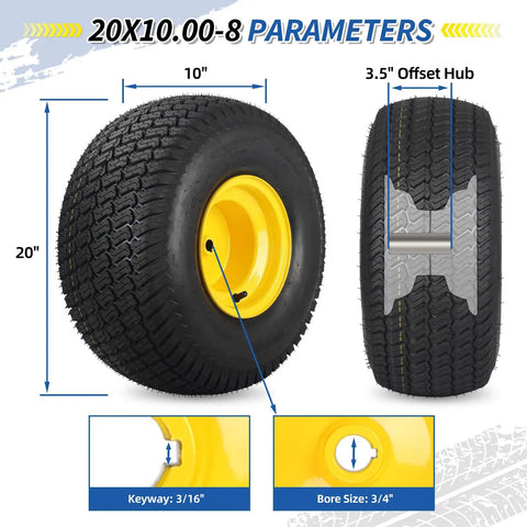 20x10.00-8 Lawn Mower Tire and Wheel Tubeless 4 Ply 3.5 Inch Offset Hub 3/4 Bore 3/16 Keyway Replacement for Riding Tractor