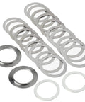 23 piece Heavy Duty Steel Differential Shim Kit For Ford 8.8 And GM 8.0 Rear Ends shown from an overhead angle.