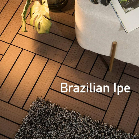 Wood Plastic Composite Patio Deck Tiles Interlocking 12 By 12 Inches Water Resistant For Indoor And Outdoor Use 22 Sq Ft Set With Brazilian Ipe Look No Fuss To Install And Low Maintenance