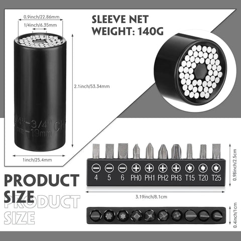 Must Have Pro Grade Flexible Drill Bit Extension Set parts with size dimensions, includes magnetic extender, hex bits, sockets.