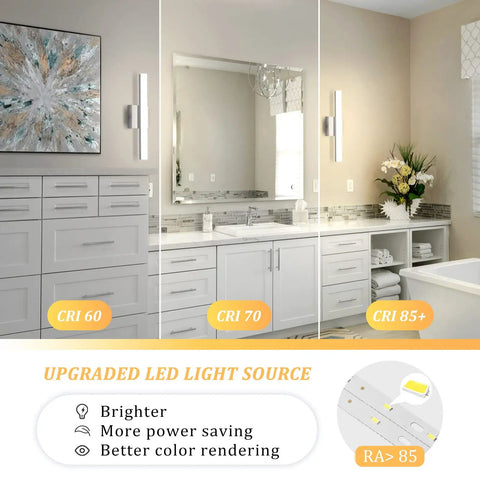 Modern Vanity Light Above Mirror 16 Inch 9W Soft Shadow Free Makeup Friendly Chrome Finish Bathroom Bar Light Natural White 4000K Non Dimmable For Small Spaces illustrated in a bathroom setting.