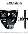 Beefy Tandem Speed Double Pulley System For Zip Lines 45kN Break Load High Tensile Steel Alloy, dimensions and details shown