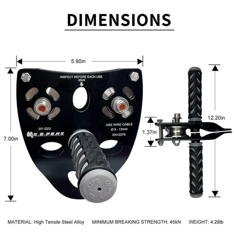 Beefy Tandem Speed Double Pulley System For Zip Lines 45kN Break Load High Tensile Steel Alloy, dimensions and details shown