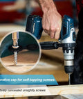 Hand holding drill with Multi-Function Hinged Screw Cover Caps Set For Self-Tapping Screws, Decorative Black Caps in use on wood