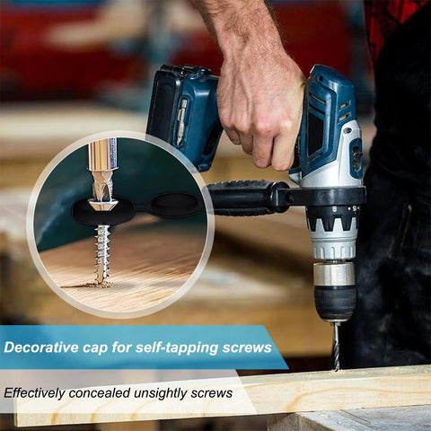 Hand holding drill with Multi-Function Hinged Screw Cover Caps Set For Self-Tapping Screws, Decorative Black Caps in use on wood