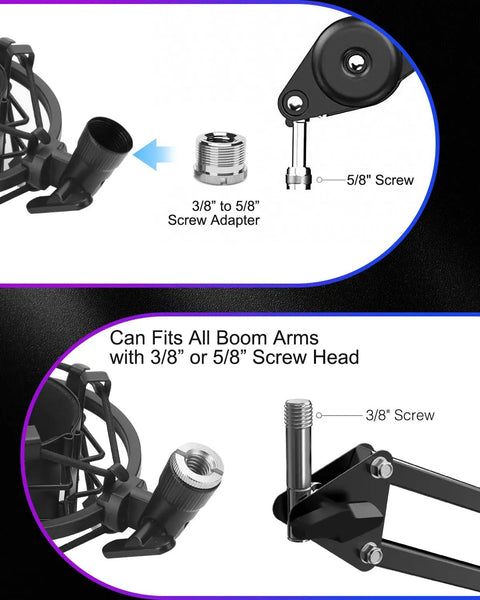 Universal Microphone Shock Mount For 47mm To 53mm Mics, Anti Vibration Clip Holder with 3/8 to 5/8 screw adapter, adjustable fit