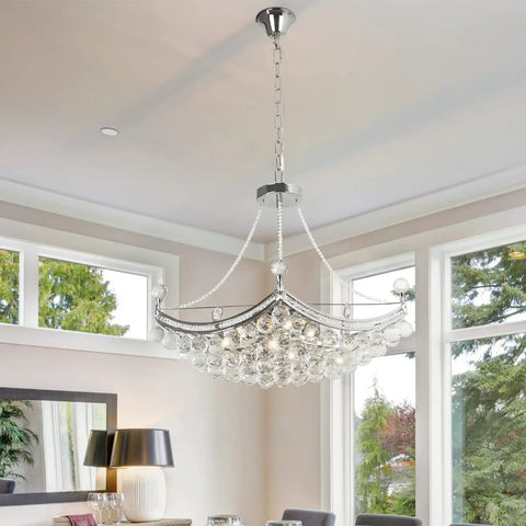 Modern Crystal Chandelier Pendant Light With Silver Finish, 25 Inch Ceiling Fixture With Adjustable 16 Inch Chain in room