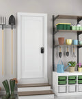 Plymouth Keypad Lock With Lever Handle Electronic Keyless Door Entry Flex Lock Auto Lock Option on white door in garage.