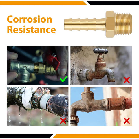 Four Pack Brass Hose Barb Fittings One Quarter Inch Barb To One Quarter Inch NPT Male Thread showing corrosion resistance