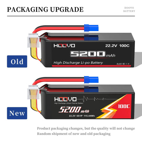 Comparison of old and new packaging for 6S LiPo Battery 22.2V 5200mAh 100C EC5 Connector for RC Cars 2 Pack