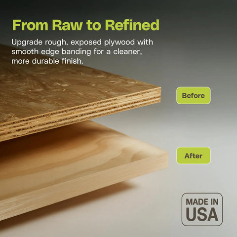 Comparison of plywood before and after using Birch Pre-Finished Real Wood Veneer Edge Banding Tape 2 Inch By 50 Feet Roll With Clear Satin UV Finish