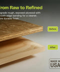 Plywood with Birch Edge Banding Tape 0.75 Inch By 250 Foot Roll Pre Glued Iron On Wood Veneer Showing 'Before and After' Finish