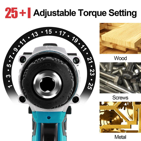18V Cordless Electric Drill And Screwdriver Power Tool Set With Two 55 Ah Rechargeable Batteries showing adjustable torque settings for wood and metal.