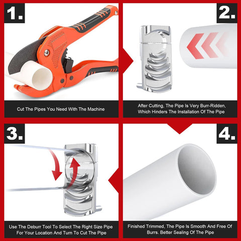 PVC pipe deburring tool, orange and black handheld cutter; four-panel infographic shows six pipe sizes (1¼–4 in), burr removal, and smooth ends.