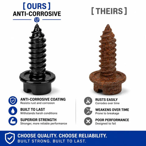 Heavy Duty License Plate Screws With Rustproof Finish Black Stainless Steel Bolt Kit comparison of anti-corrosive and rusted screws.