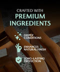 Premium Leather Furniture Salve And Deep Conditioner Set With Brush To Smooth Couches Sofas And Vinyl Get That Slick Shine Back Repair Scuffs In No Time 4oz label on wooden chair showing conditioning benefits.