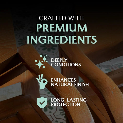 Premium Leather Furniture Salve And Deep Conditioner Set With Brush To Smooth Couches Sofas And Vinyl Get That Slick Shine Back Repair Scuffs In No Time 4oz label on wooden chair showing conditioning benefits.