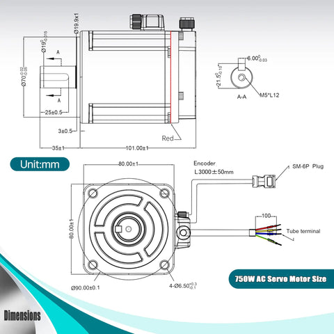 Technical diagram of AC Servo Motor Kit 220V 3000RPM With 17 Bit Encoder RS485 Driver Controller For CNC Machines 750W Without Brake