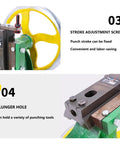 Heavy Duty Arbor Press With Oversized Handwheel For Precision Metal Stamping And Bearing Swapping with stroke adjustment screw and plunger hole.