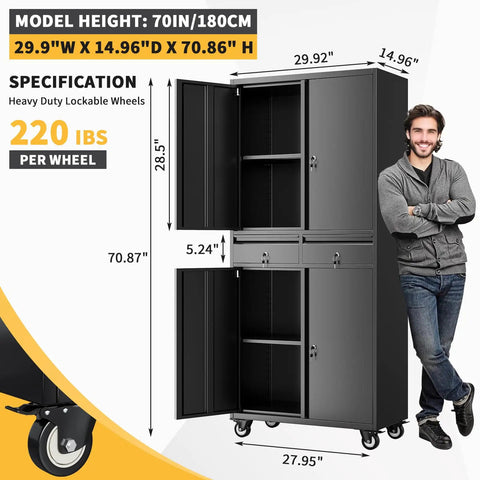 Beefy Heavy Duty Metal Garage Storage Cabinet On Wheels With Locking Doors, Two Drawers, And Three Adjustable Shelves, 70-inch model
