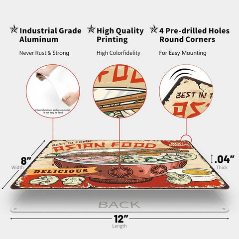 Kickin Retro Ramen Metal Sign Wall Decor For Kitchen And Home Office Asian Food Tin Sign 8 By 12 Inch showing dimensions and features