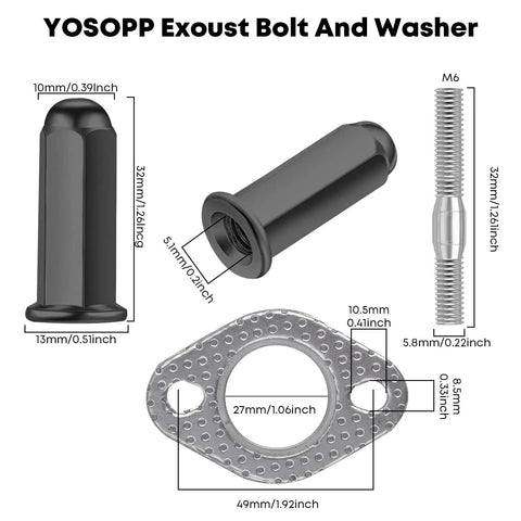 GY6 Exhaust Bolt Kit With Gasket For 50cc To 150cc Scooters ATVs Go Karts Moped Quad Dune Buggy And More Fits GMB139 Engine 50cc 70cc 90cc 110cc 125cc 150cc Taotao Sunl Coolster Jonway Roketa, M6 bolts and gasket