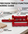 Dead On Precision Complete Self Centering Doweling Jig Kit With Professional Drill Bushes For Rock Solid Cabinet Woodworking Joinery And Quick Furniture Assembly Zero Hassle on a workbench displaying adjustable hole positions.