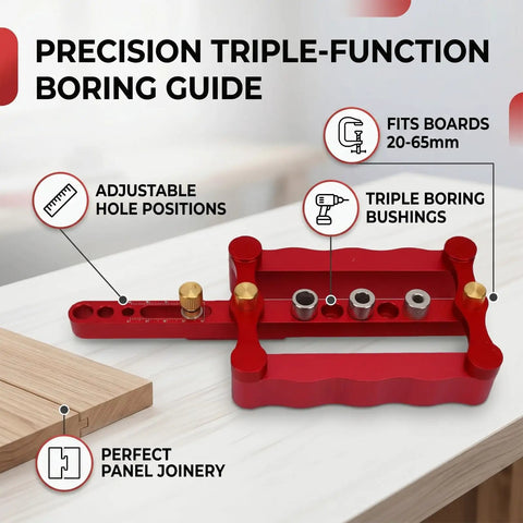 Dead On Precision Complete Self Centering Doweling Jig Kit With Professional Drill Bushes For Rock Solid Cabinet Woodworking Joinery And Quick Furniture Assembly Zero Hassle on a workbench displaying adjustable hole positions.