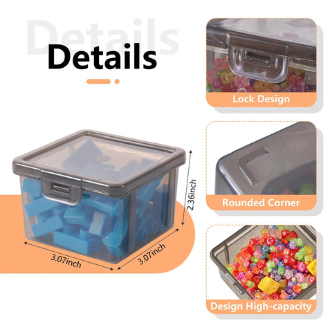 10 Pack Small Plastic Storage Containers With Lids Black Square Mini Boxes For Beads Crafts Jewelry Findings Stickers Tiny Tools And Small Items Stackable Organizer Bins showing 3.07 inch size, lock design, and filled with beads.