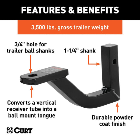 Vertical Receiver Hitch Ball Mount For 1-1/4 Inch Receivers, 3,500 Lbs Capacity, 3/4 Inch Ball Hole, 2-1/4 Inch Drop
