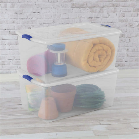 Massive 105 Quart Clear Plastic Storage Bin With Heavy Duty Latch Lid Big Boy Stackable Box for blankets and camping gear.