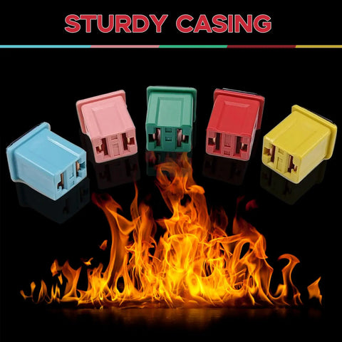 5 assorted low profile blade fuses in blue, pink, green, red, and yellow colors on a reflective surface for electrical protection, 10 Piece Mini Fuse Assortment Kit With Low Profile Blades For Trucks Cars And Rv Whips Hella Reliable 20A To 60A Electrical Protection Perfect Road Gear For Atv Carts And Heavy Duty Rigs Your Ride Absolutely Demands.