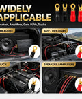 Heavy Duty 4 Gauge Speaker Wire Crimp Terminals With Fork And Round Ends Plus No Hassle Heat Shrink Sleeves For Knuckle Tight Car Audio and Pro Rig Wiring Connections in various setups.