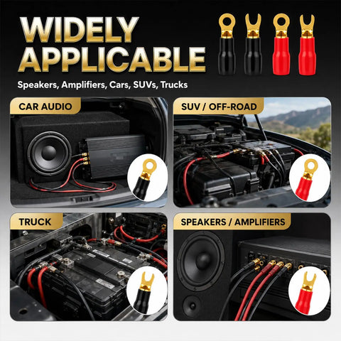 Heavy Duty 4 Gauge Speaker Wire Crimp Terminals With Fork And Round Ends Plus No Hassle Heat Shrink Sleeves For Knuckle Tight Car Audio and Pro Rig Wiring Connections in various setups.